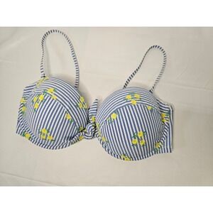 J. Crew Bra Bikini TOP ONLY 36D Seeersucker Striped W/Embroidered Yellow Flowers
